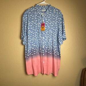 The Endless Summer Rayon Beach Shirt Mens Size L L/S Shark Print Casual Colorful